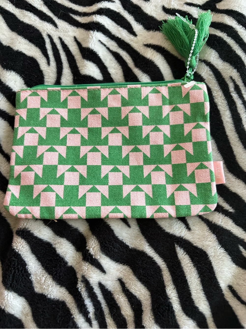ipsy Pink and Green Geometric Cosmetic Pouch with Tassel